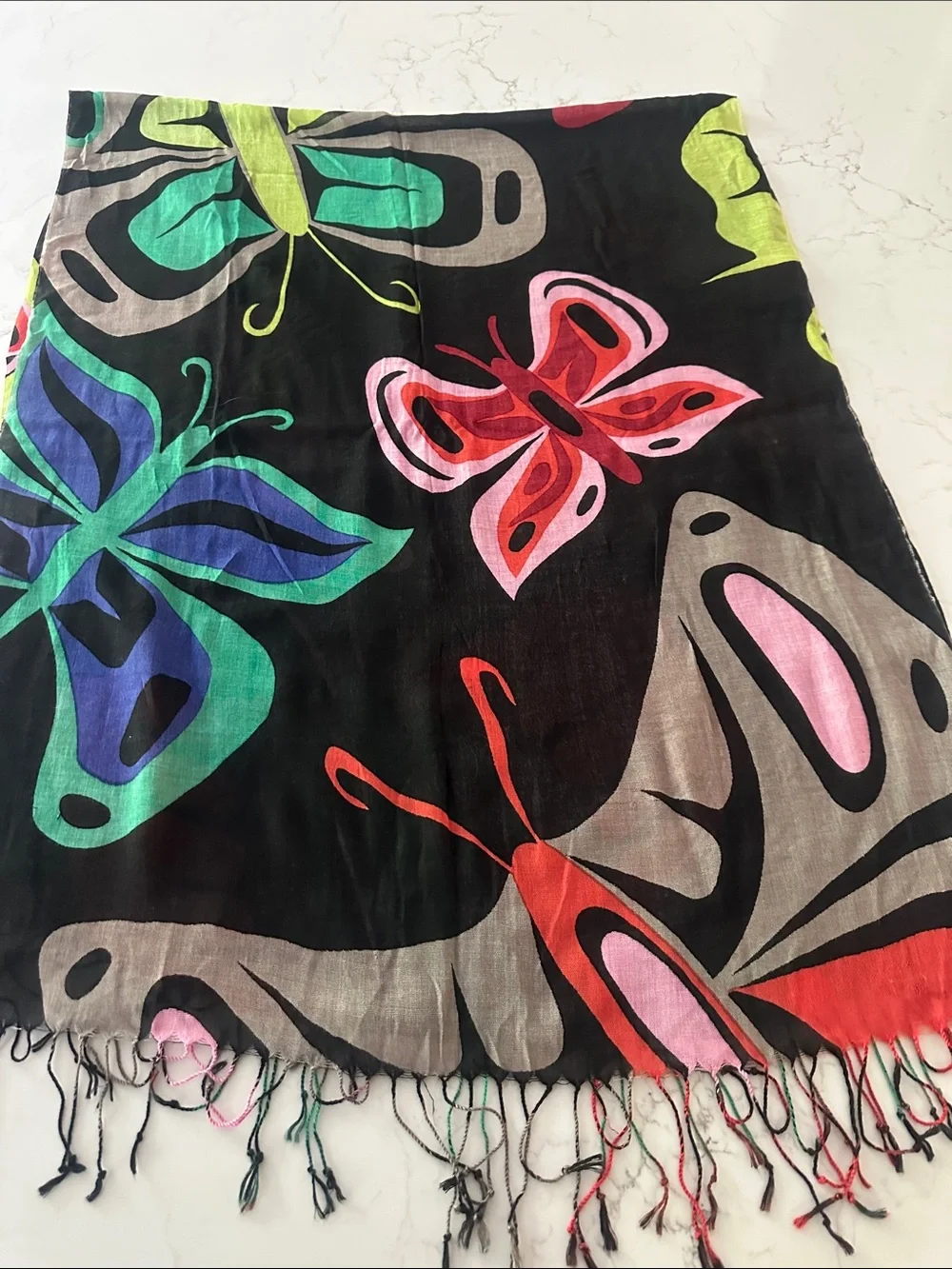 Native Northwest Black Butterfly Print Scarf with Bright Accents